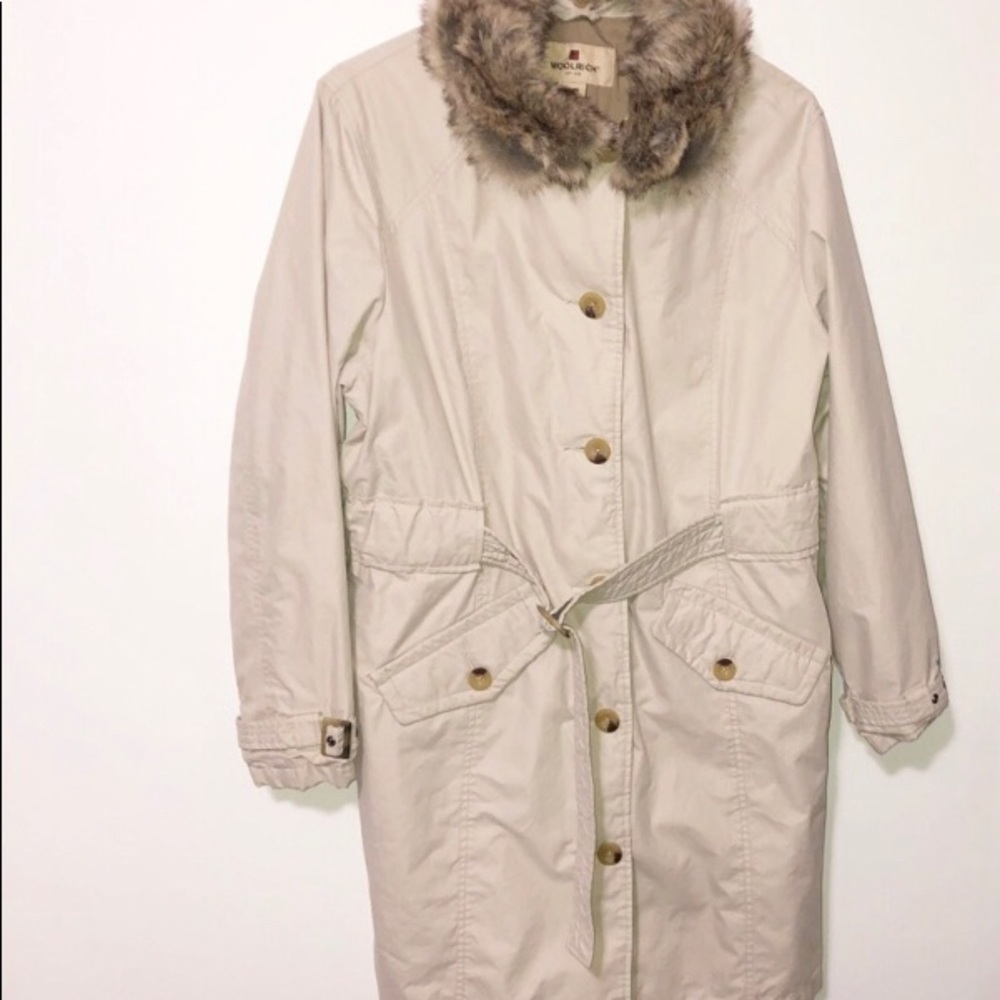 WoolRich British tan long coat faux fur coat large